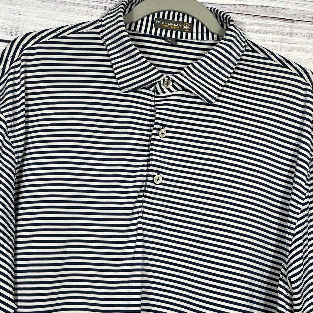 Peter Millar Summer Comfort Golf Polo Shirt Blue Striped Mens L Performance